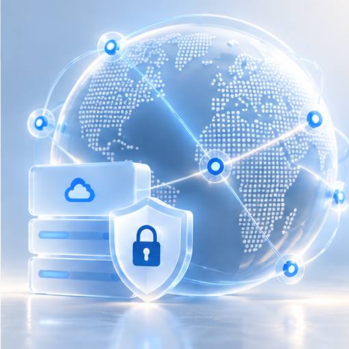 A globe of connected network points behind a server and a padlock shield