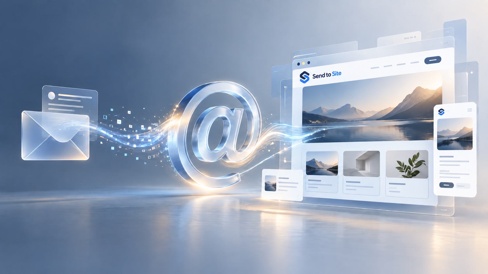 An email turning into an updated website: a glass envelope, a glowing @ symbol and a finished Send to Site website on a desktop and a phone