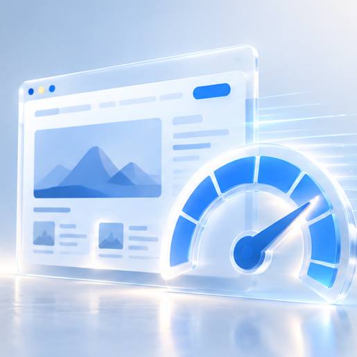 A web page beside a speed gauge pointing to fast