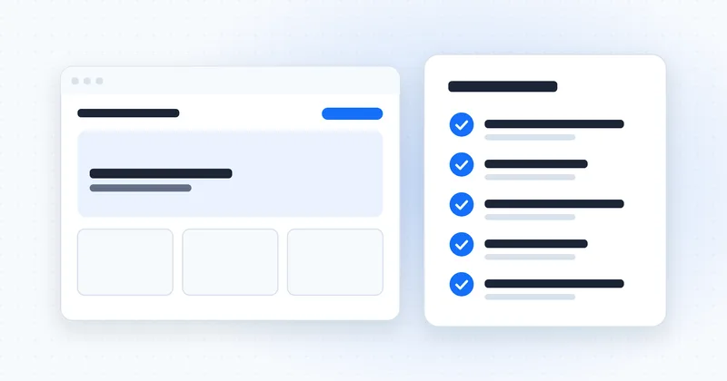 Illustration of a small business website redesign checklist beside a website, with five ticked checks