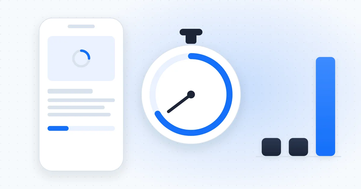 Illustration of website loading speed: a phone still loading a page beside a stopwatch and three bars, one far taller than the others